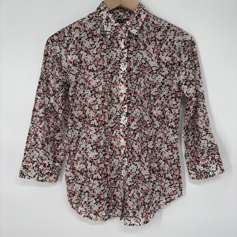 Lauren‎ Ralph Lauren Petite Ditsy Floral Silk Blend Button Up Top PS Preppy